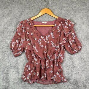 Entro‎ Floral Ruffled V-Neck Top Flutter Sleeves